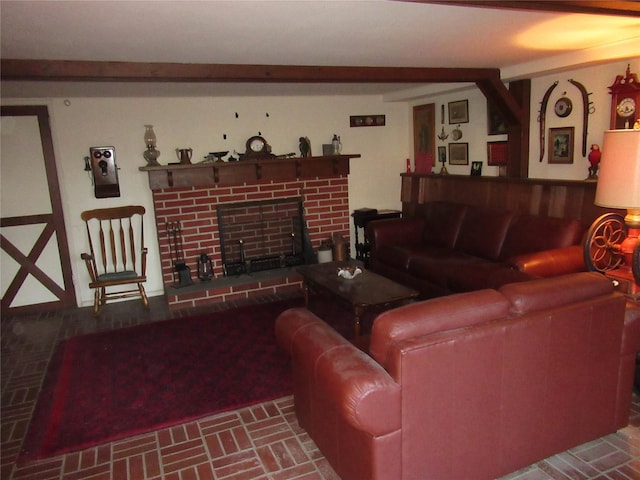 living room featuring a fireplace