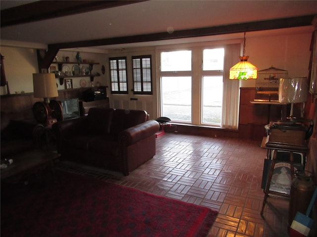 living room with parquet flooring