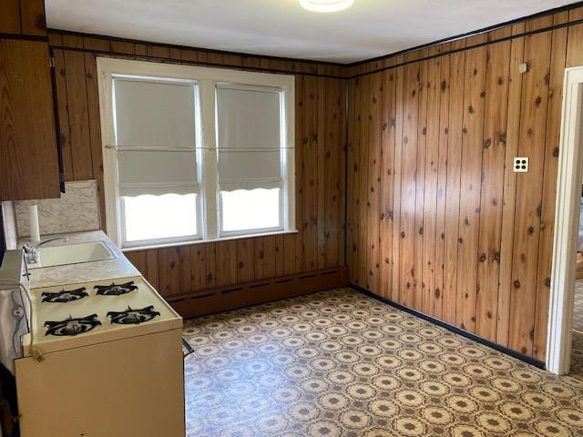 kitchen featuring baseboard heating, sink, and wooden walls