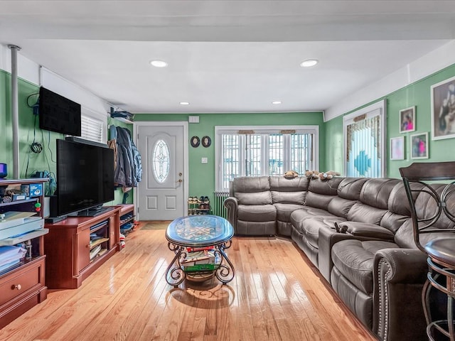 living room with light hardwood / wood-style flooring