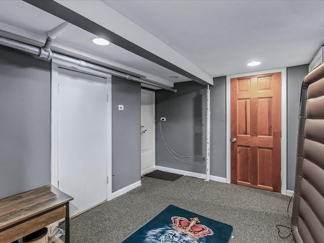 basement with dark carpet