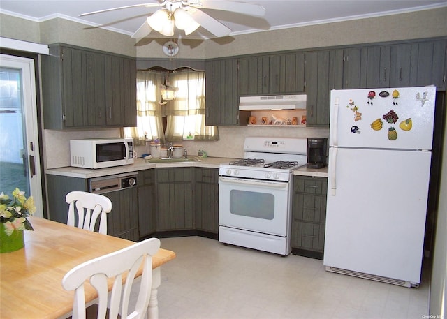 kitchen with ornamental molding, sink, dark brown cabinetry, and white appliances