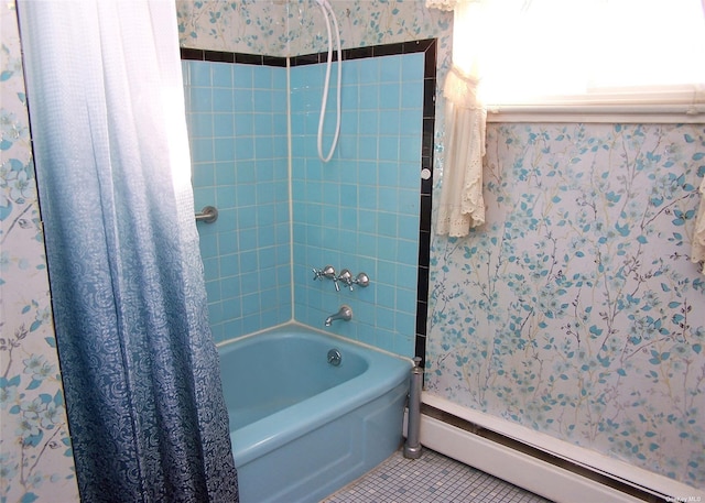 bathroom with shower / bath combo with shower curtain, baseboard heating, and tile patterned flooring