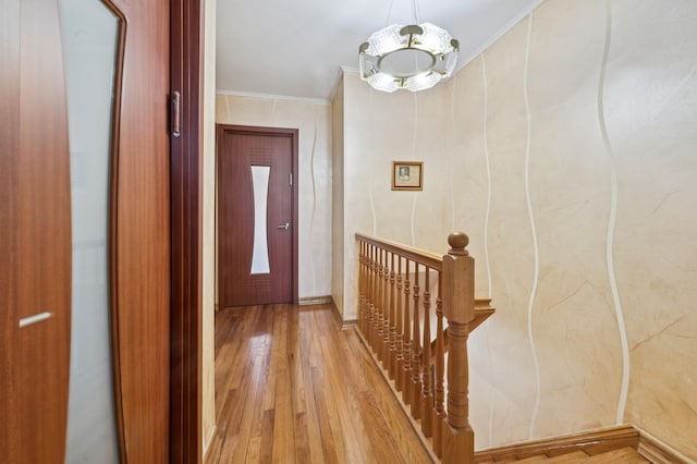 entryway with ornamental molding and wood-type flooring