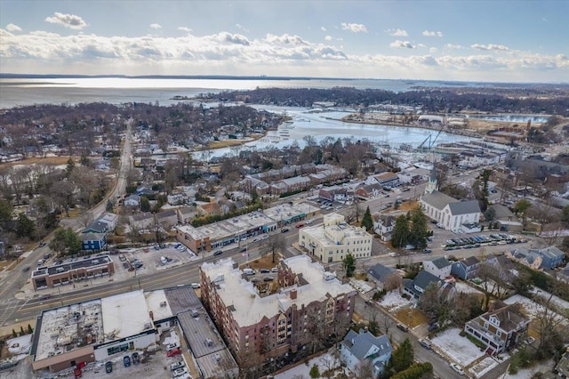 drone / aerial view with a water view