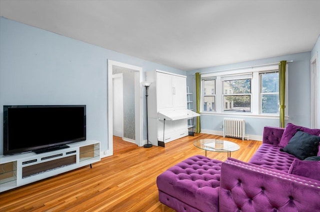 living room featuring wood-type flooring and radiator