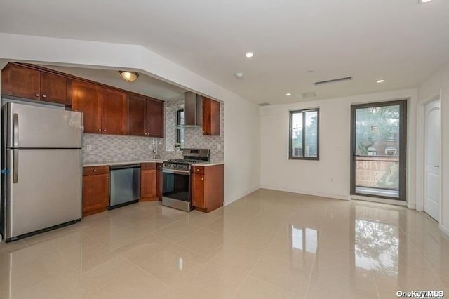 kitchen featuring tasteful backsplash, appliances with stainless steel finishes, and light tile patterned flooring