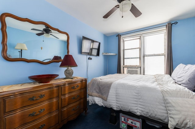 bedroom featuring ceiling fan and carpet floors