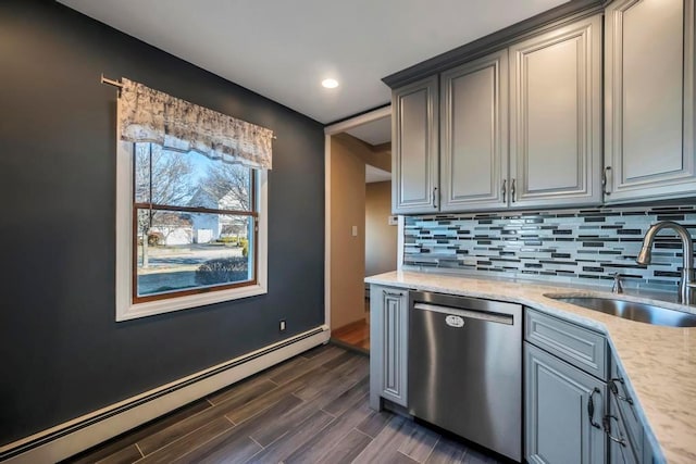 kitchen with dark wood-type flooring, a baseboard heating unit, sink, gray cabinets, and stainless steel dishwasher