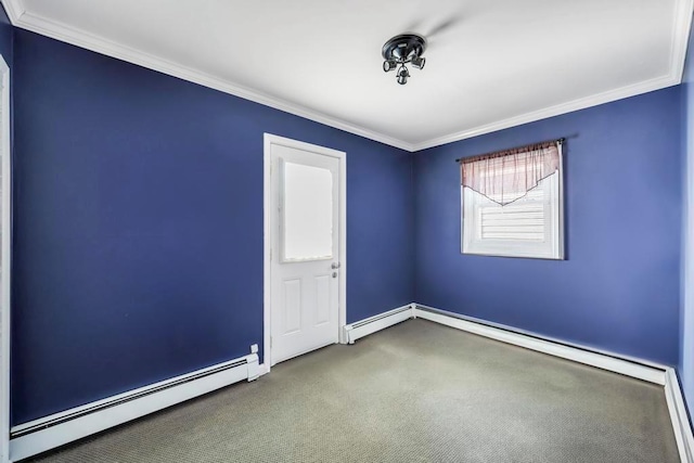 empty room with a baseboard heating unit and crown molding