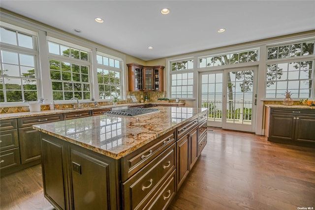 kitchen with hardwood / wood-style floors, a center island, sink, plenty of natural light, and light stone counters