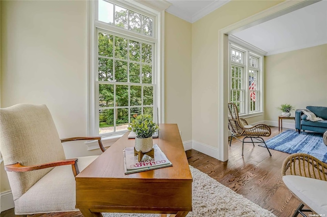 living area with hardwood / wood-style flooring, a healthy amount of sunlight, and ornamental molding