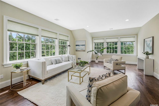 living room with plenty of natural light, dark wood-type flooring, and lofted ceiling