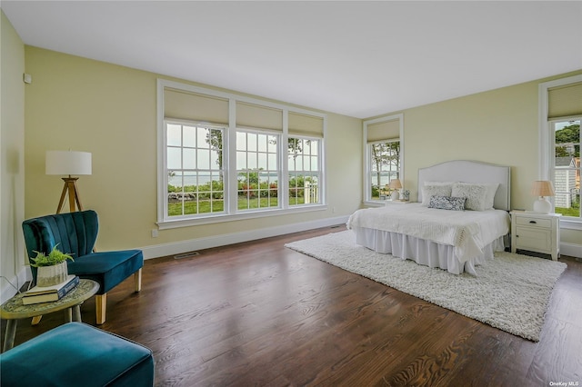 bedroom with dark hardwood / wood-style floors