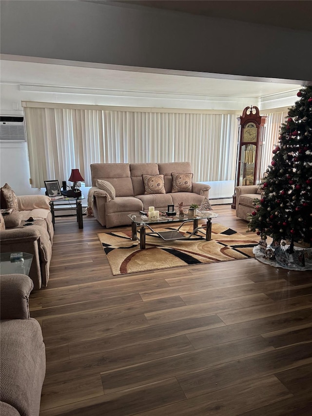 living room featuring a wall mounted AC and dark hardwood / wood-style floors