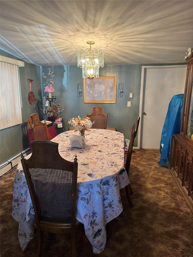 dining room featuring a notable chandelier, dark carpet, and a baseboard radiator