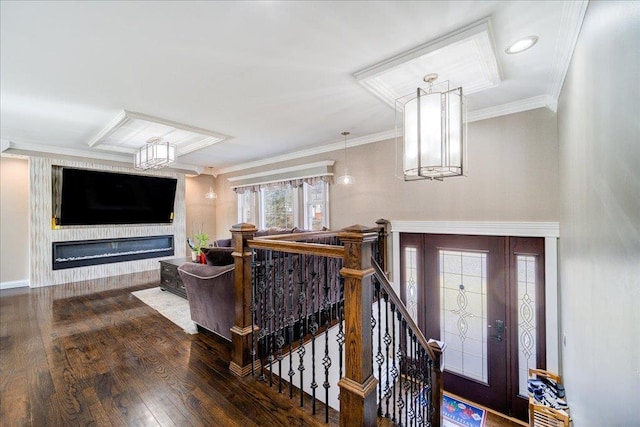 foyer featuring crown molding and dark hardwood / wood-style floors