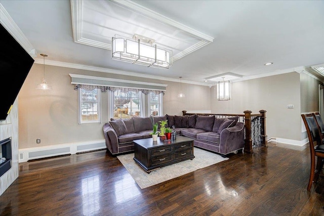 living room featuring dark hardwood / wood-style flooring and crown molding