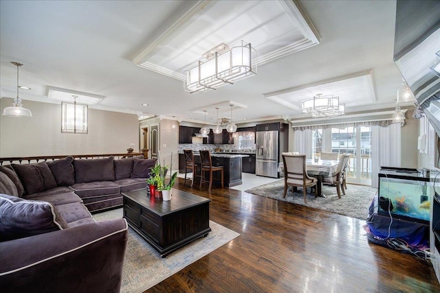 living room featuring a raised ceiling, crown molding, and hardwood / wood-style floors