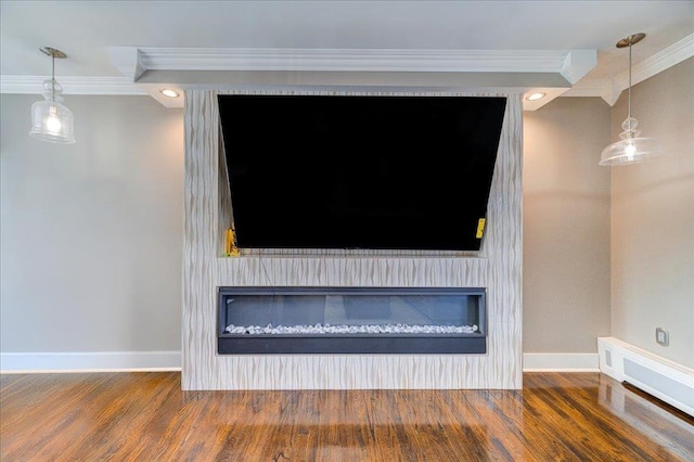 interior details with wood-type flooring and ornamental molding