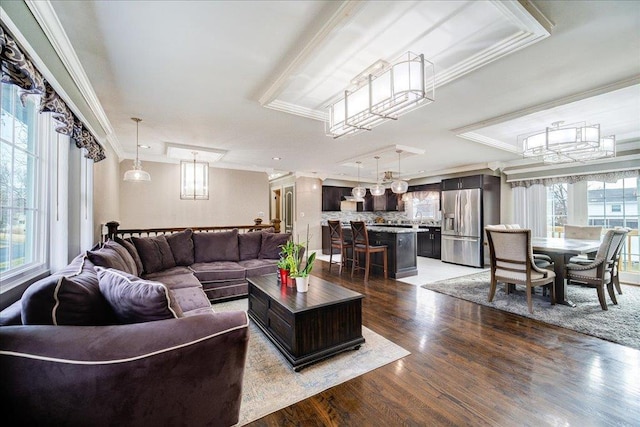 living room with a tray ceiling, crown molding, and wood-type flooring