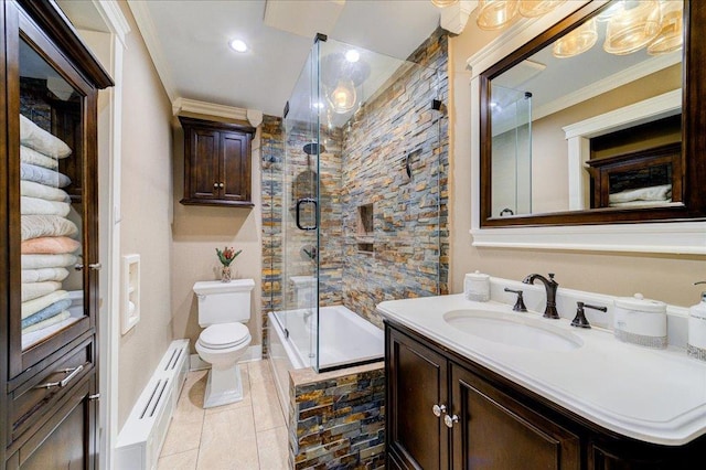 full bathroom featuring toilet, crown molding, shower / bath combination with glass door, baseboard heating, and vanity