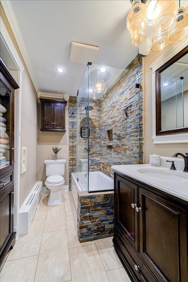 full bathroom with toilet, shower / bath combination with glass door, ornamental molding, vanity, and tile patterned flooring