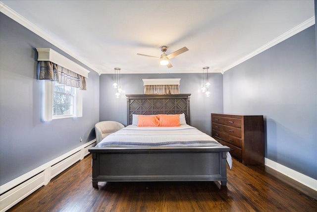 bedroom featuring a baseboard heating unit, crown molding, dark hardwood / wood-style floors, and ceiling fan