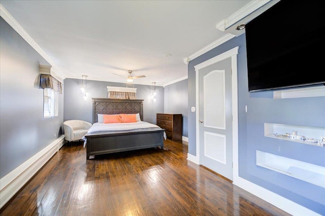 bedroom featuring crown molding, dark wood-type flooring, ceiling fan, and a baseboard radiator