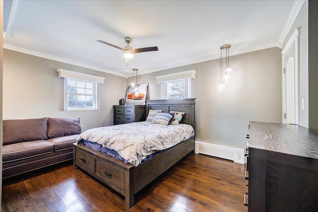 bedroom with multiple windows, dark hardwood / wood-style floors, and ceiling fan