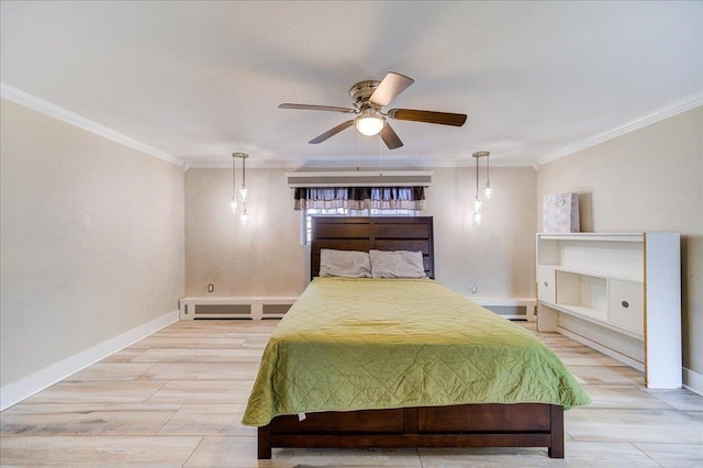 bedroom with ornamental molding, ceiling fan, and a baseboard radiator