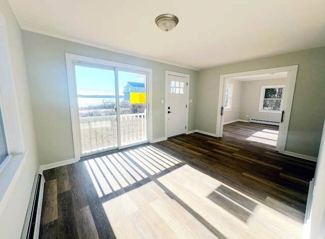 entrance foyer with baseboard heating, a wealth of natural light, and dark hardwood / wood-style flooring