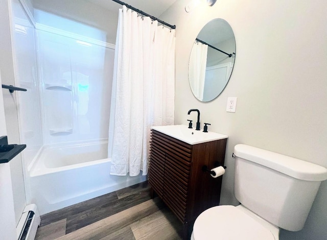 full bathroom with toilet, hardwood / wood-style flooring, shower / bath combo with shower curtain, a baseboard radiator, and vanity