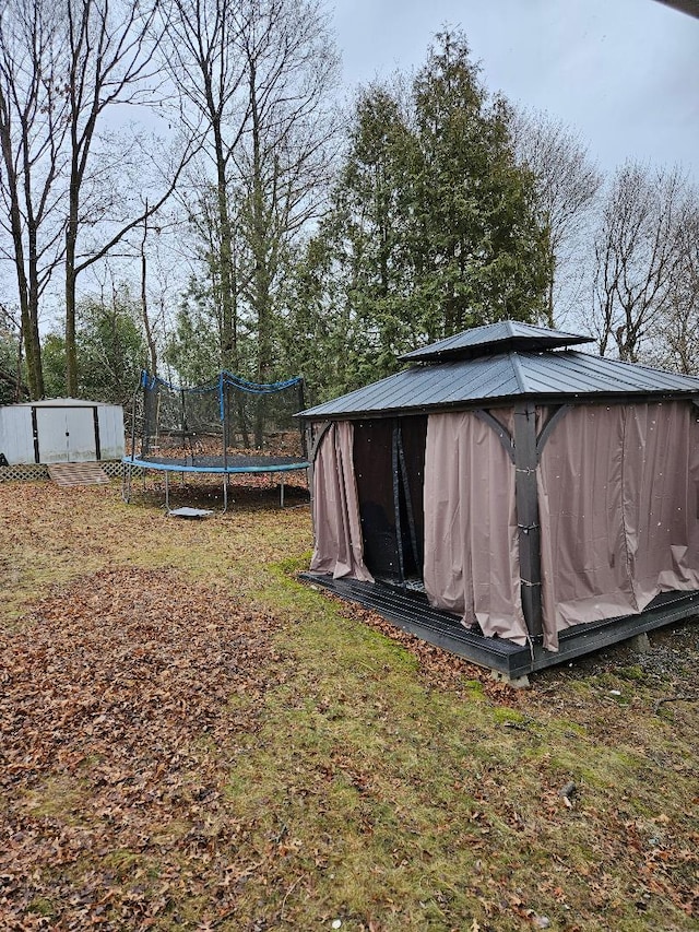 view of yard with a trampoline and a storage shed