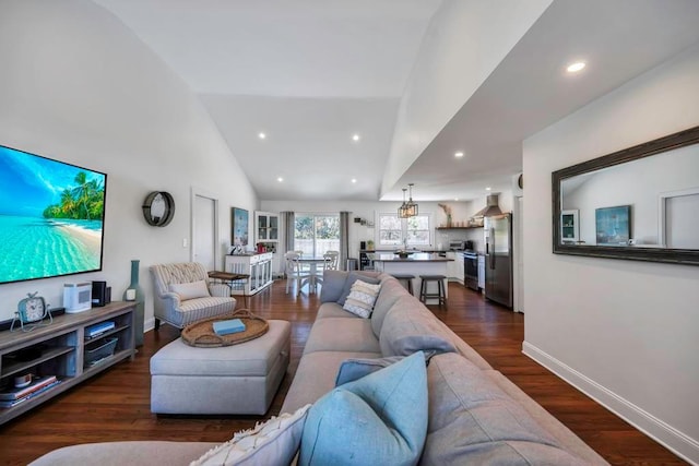 living room featuring high vaulted ceiling and dark hardwood / wood-style flooring