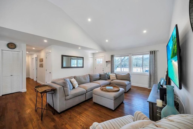 living room with dark hardwood / wood-style floors and high vaulted ceiling