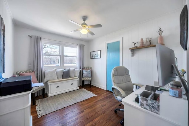 home office featuring ceiling fan and dark hardwood / wood-style flooring