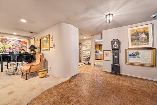 interior space featuring carpet flooring and a textured ceiling