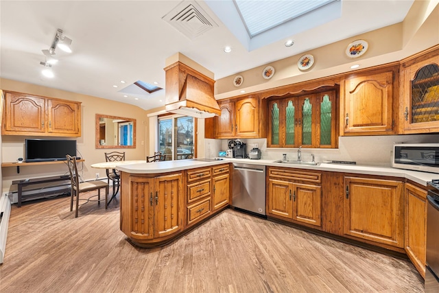 kitchen with appliances with stainless steel finishes, a skylight, sink, kitchen peninsula, and light hardwood / wood-style flooring