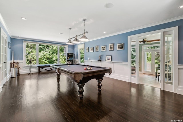 rec room with french doors, ornamental molding, and wood-type flooring