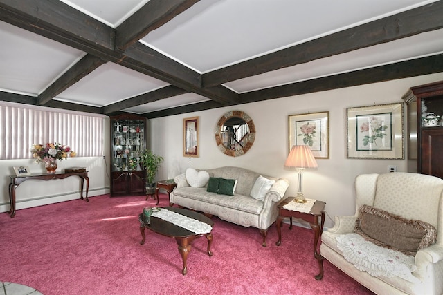 carpeted living room featuring a baseboard heating unit and beamed ceiling