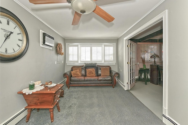 sitting room with ceiling fan, a baseboard radiator, crown molding, and a wall mounted AC