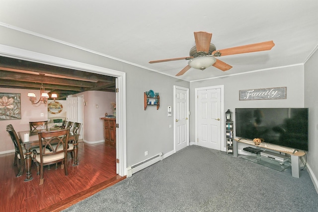 living room featuring carpet flooring, crown molding, ceiling fan with notable chandelier, and a baseboard radiator