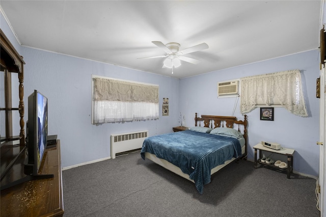 carpeted bedroom with radiator, a wall mounted air conditioner, and ceiling fan