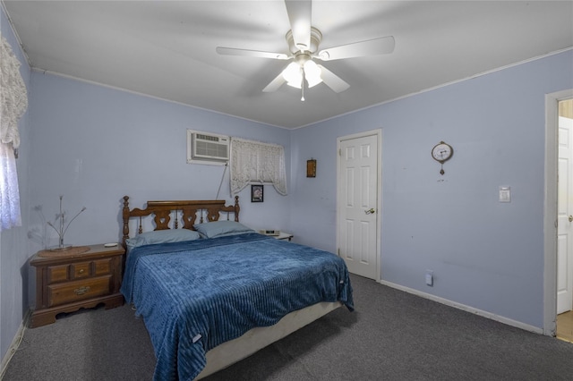 carpeted bedroom with ceiling fan and a wall mounted AC