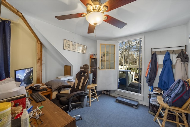 office with ceiling fan and carpet