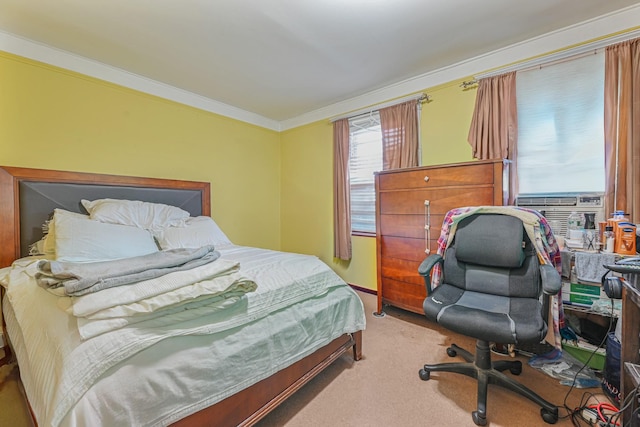 carpeted bedroom featuring ornamental molding and cooling unit