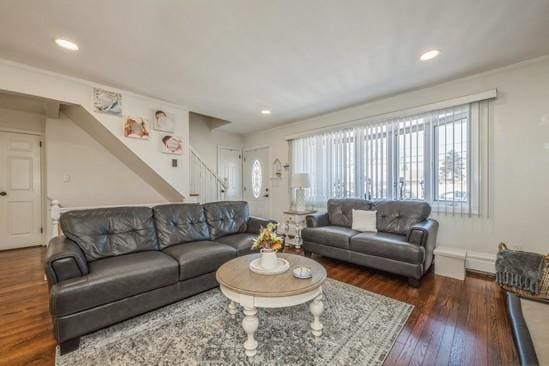 living room featuring dark wood-type flooring