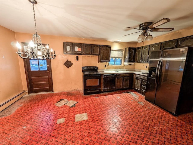 kitchen featuring black appliances, a baseboard heating unit, sink, dark brown cabinetry, and pendant lighting