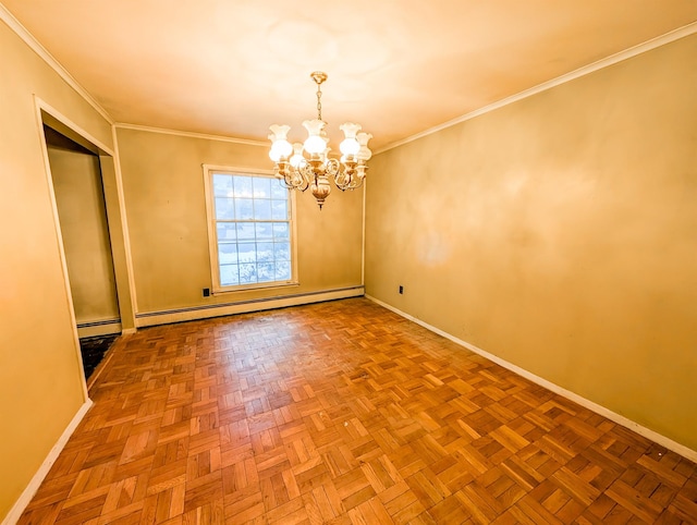 interior space featuring a baseboard radiator, parquet floors, and an inviting chandelier